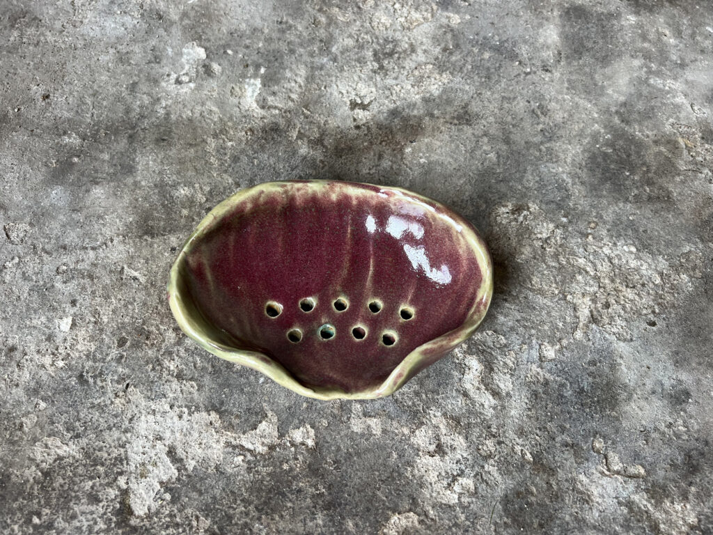 Red and green seashell soap dish