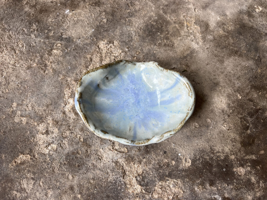 small glossy white and light blue seashell bowl