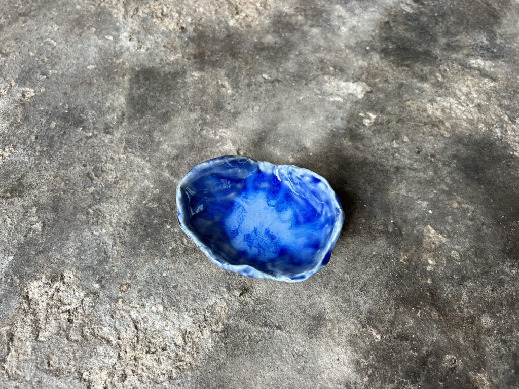 small glossy blue seashell bowl