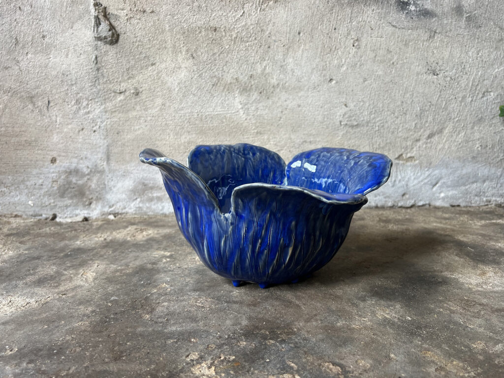 glossy blue flower bowl