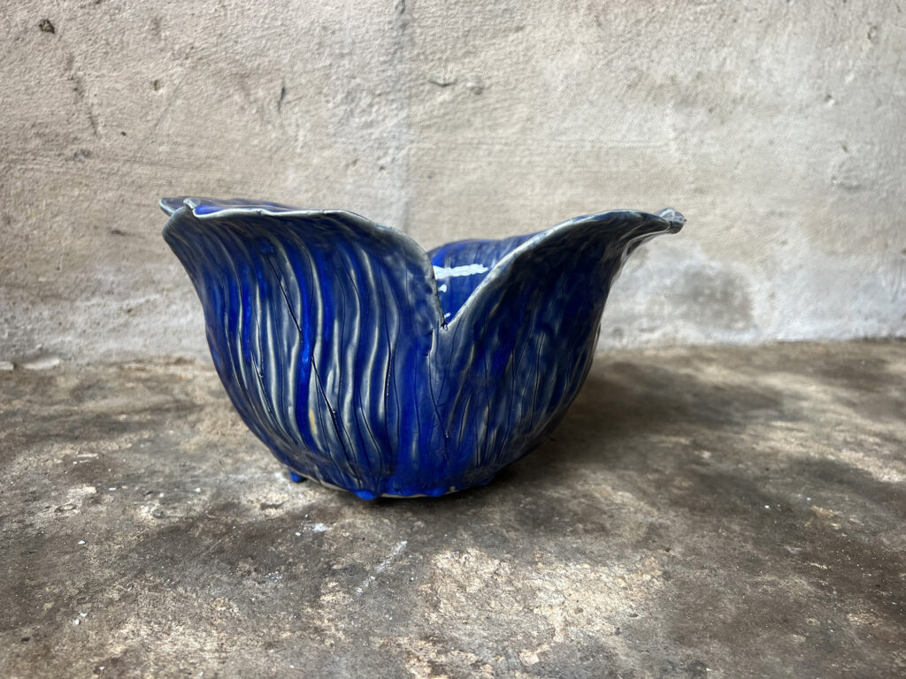 glossy blue flower bowl