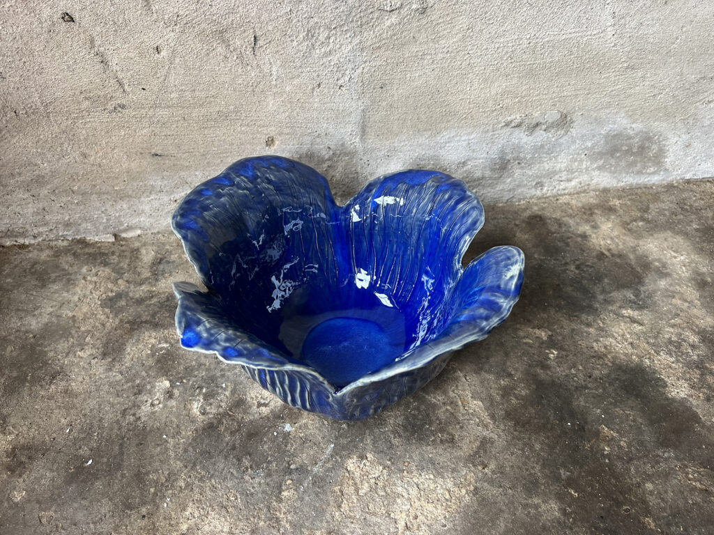 glossy blue flower bowl