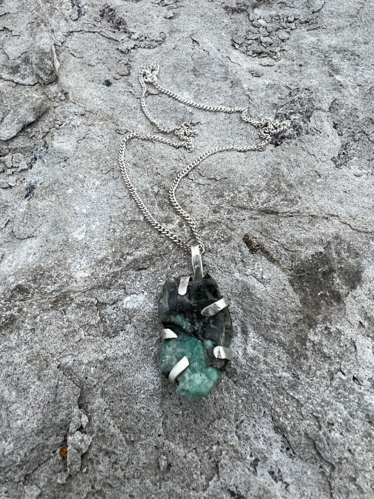 raw emerald silver necklace