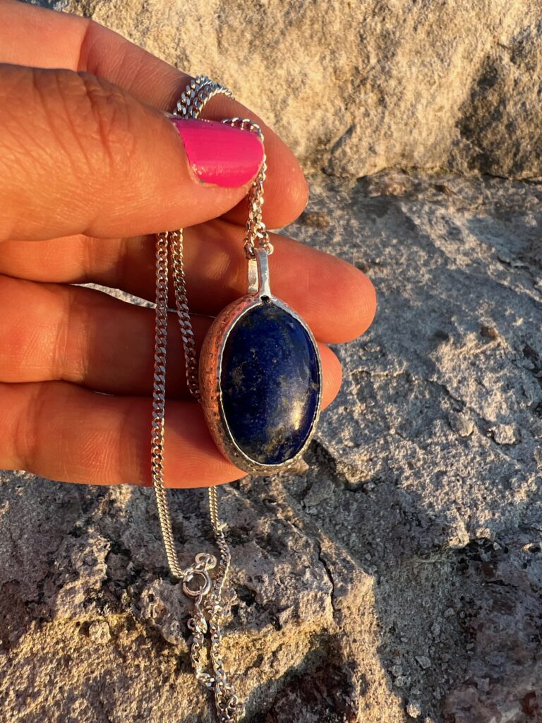 handmade talisman in sterling silver with cabochon cut lapis lazuli