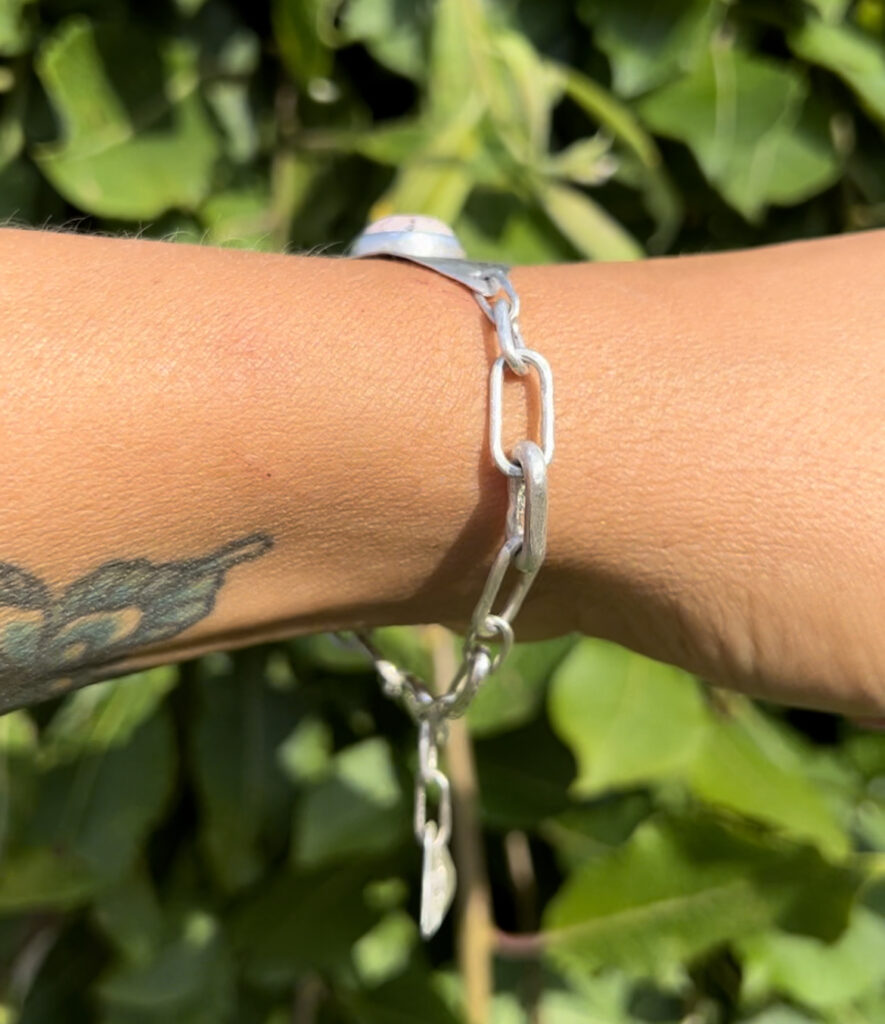 brushed and hammered silver chain bracelet with cabochon fire opal