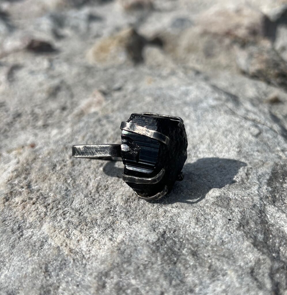 raw black torumaline oxidized square silver ring, men's jewelry