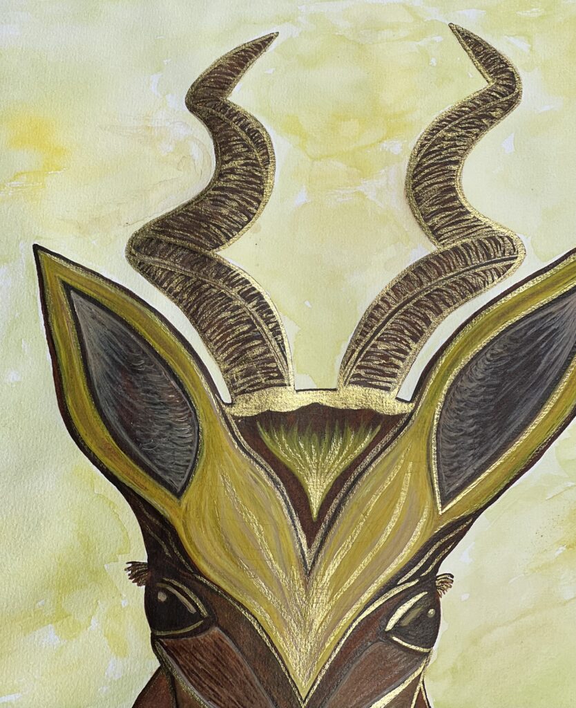 water color painting A3 in earthy tones of brown, gold, yellow and green, depicting a deer with spiral antlers