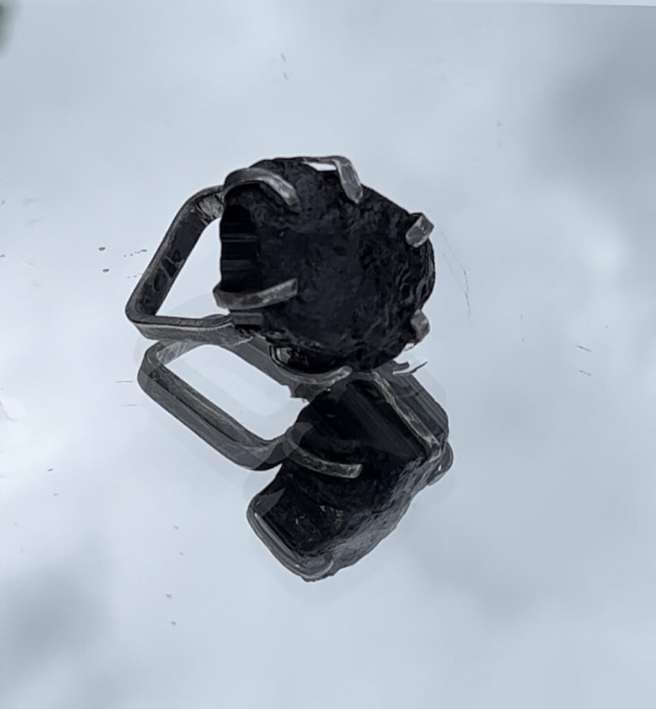 square oxidized silver ring with large black tourmaline set omn top